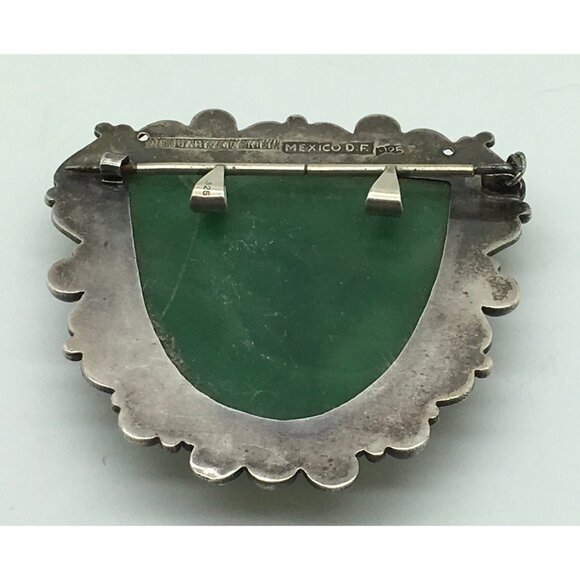 Sterling Silver Green Onyx Tribal Warrior Mask Mayan Aztec Pendant Brooch VTG - Picture 4 of 4